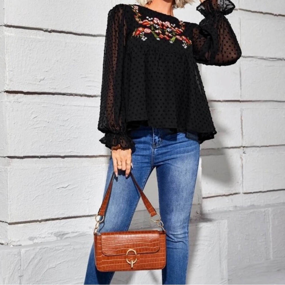 Black Swiss dot floral embroidered mesh blouse - Picture 2 of 9